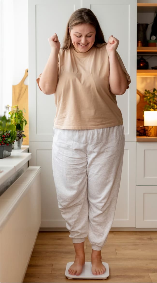 Woman Standing Happily on a Weight Scale — MedSurg Weight Loss in Brisbane, QLD